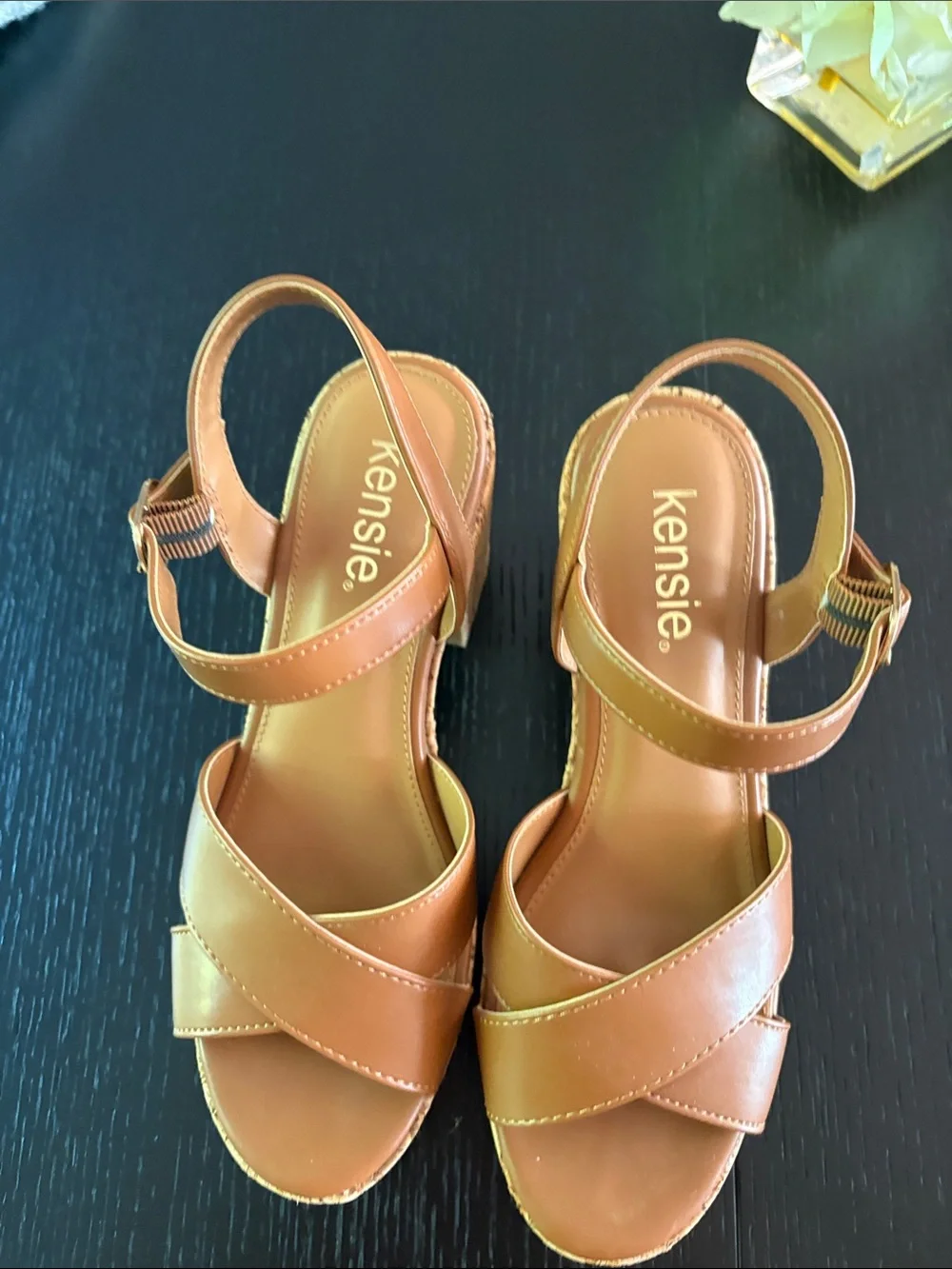 Kensie Brown Leather-Look Crisscross Wedge Sandals
